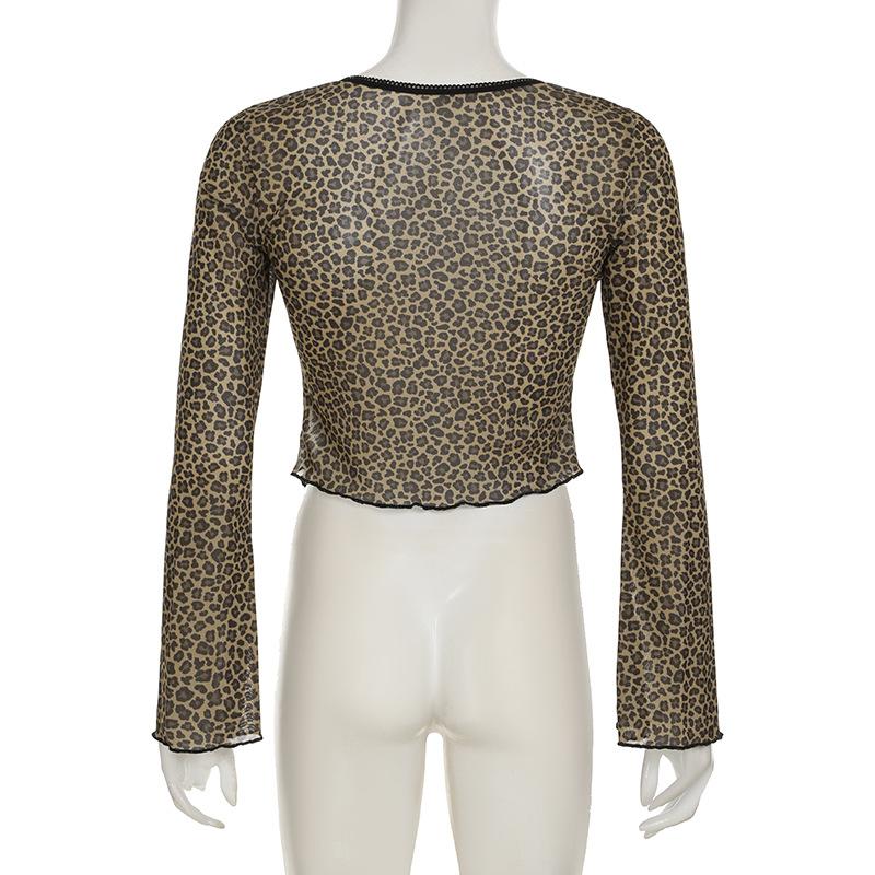 Leopard print long sleeve mesh crop top