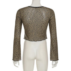 Leopard print long sleeve mesh crop top