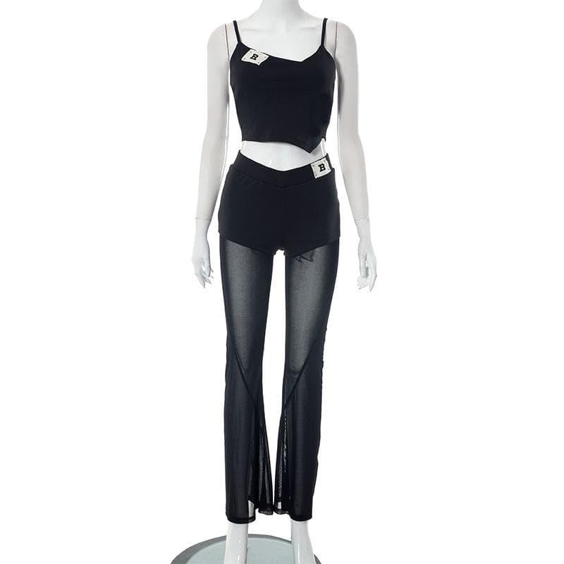 Mesh patchwork letter pattern cami pant set