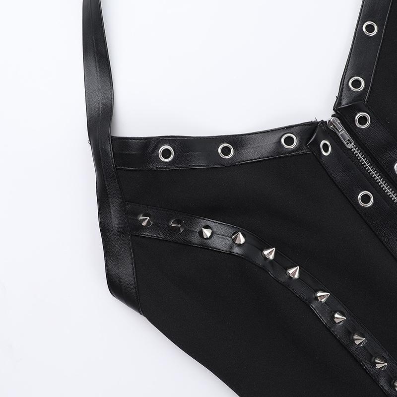 Halter zip-up rivet o ring v neck top