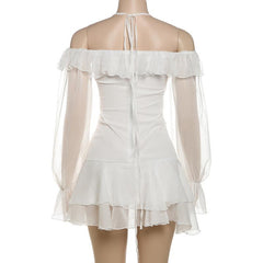 Halter off shoulder chiffon bowknot ruffle mini dress