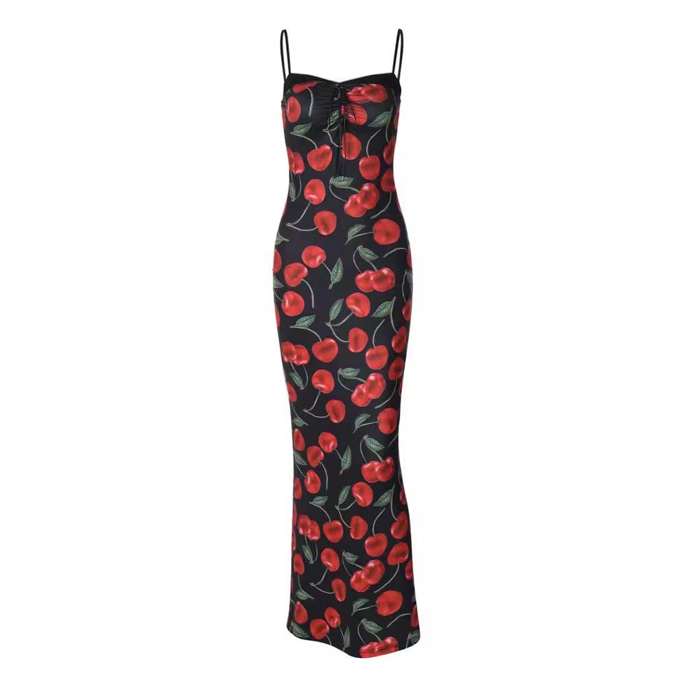 Fruit print lace hem knotted cami maxi dress