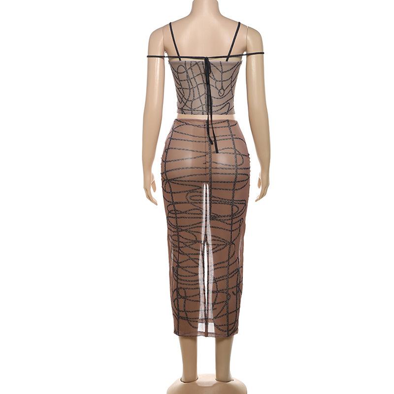 Sheer mesh striped print self tie cami mini skirt set