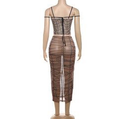 Sheer mesh striped print self tie cami mini skirt set