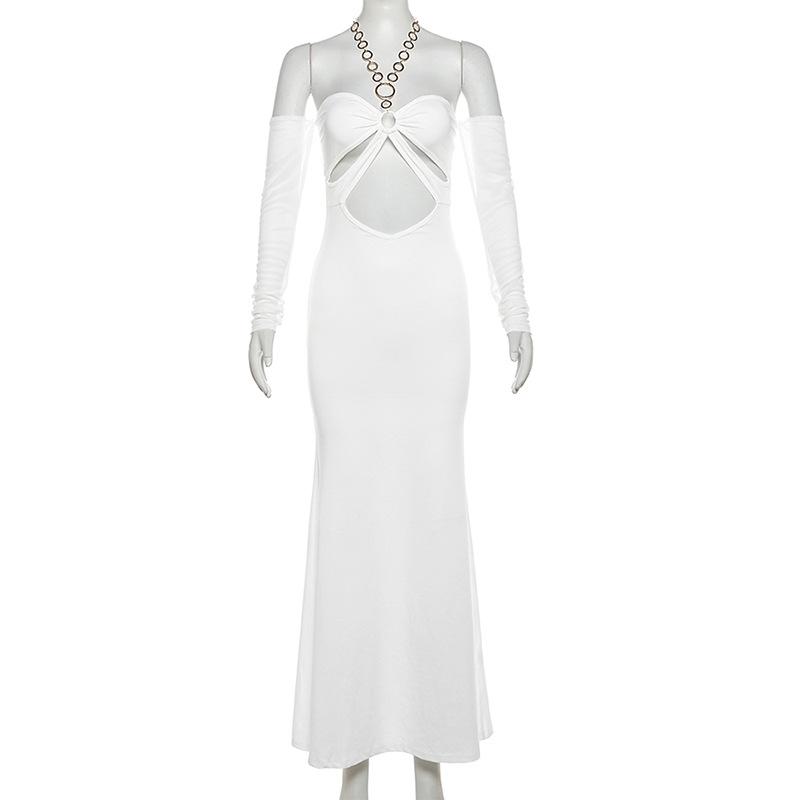 Halter o ring hollow out gloves metal chain mesh maxi dress