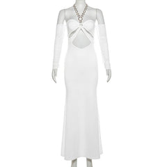 Halter o ring hollow out gloves metal chain mesh maxi dress