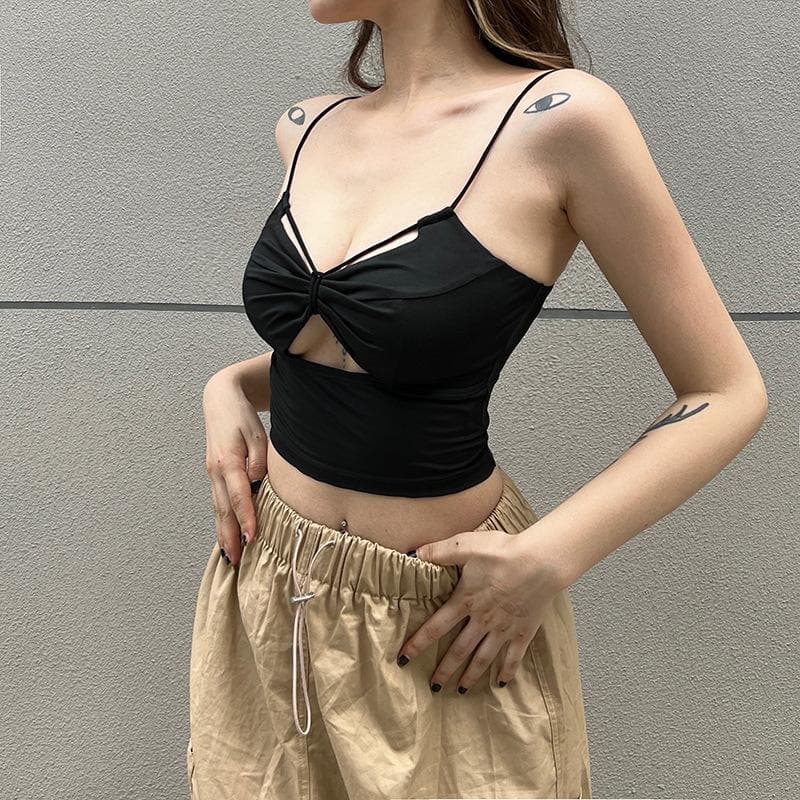Ruched hollow out solid bowknot backless cami cut out top