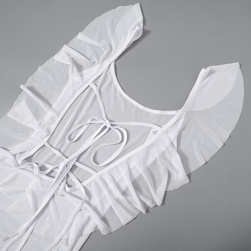 Sheer mesh see through backless ruffle slit cap sleeve maxi dress  | samba dress