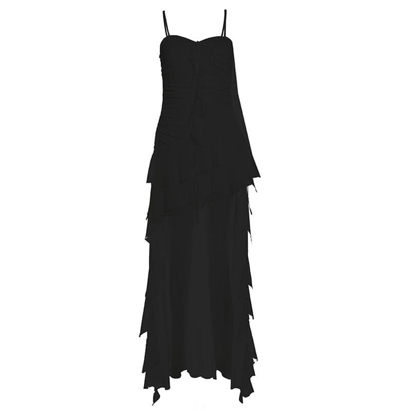 Ruched mesh ruffle sweetheart neck cami maxi dress