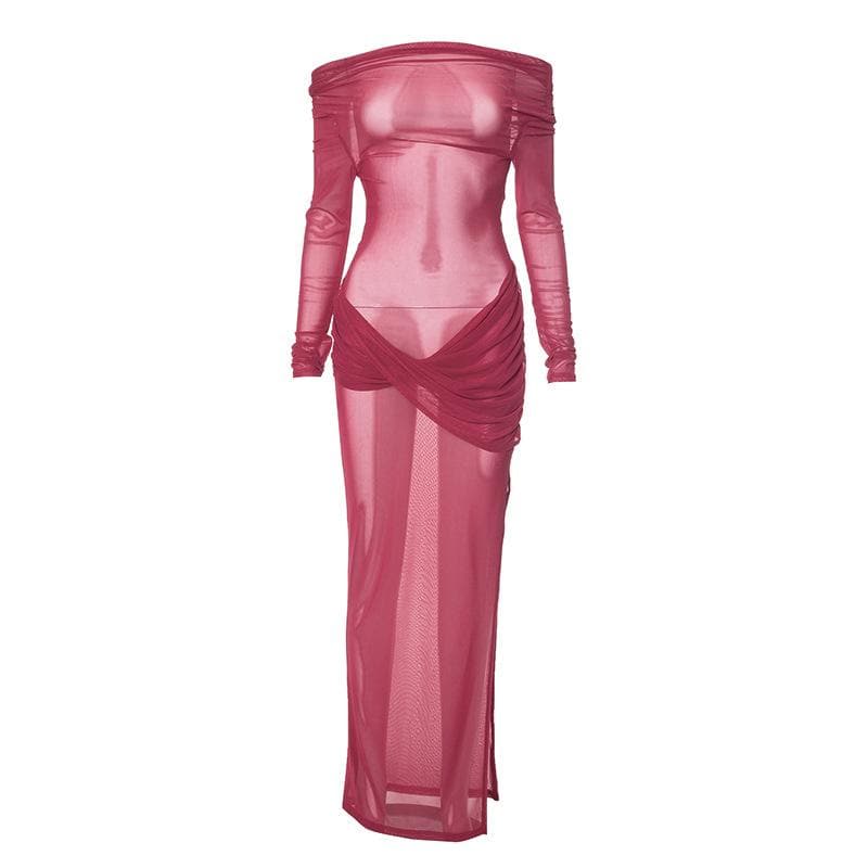 Long sleeve off shoulder sheer mesh ruched slit maxi dress  | red tango dress  | samba dress