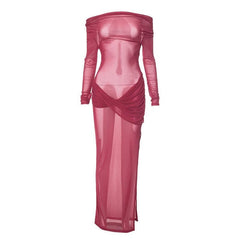 Long sleeve off shoulder sheer mesh ruched slit maxi dress  | red tango dress  | samba dress