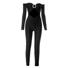 Long sleeve off shoulder o ring solid jumpsuit