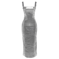 Glitter square neck hollow out metallic midi dress