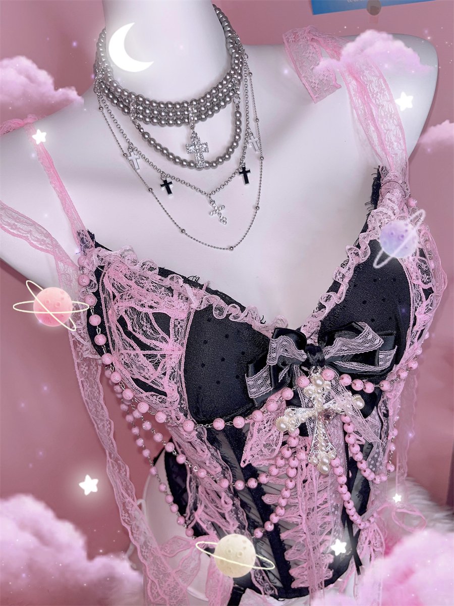 Lace beaded bowknot self tie cami top