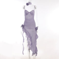 Sweetheart neck ruffle flower applique slit cami midi dress