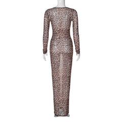 Long sleeve leopard print crewneck sheer mesh maxi dress  | samba dress