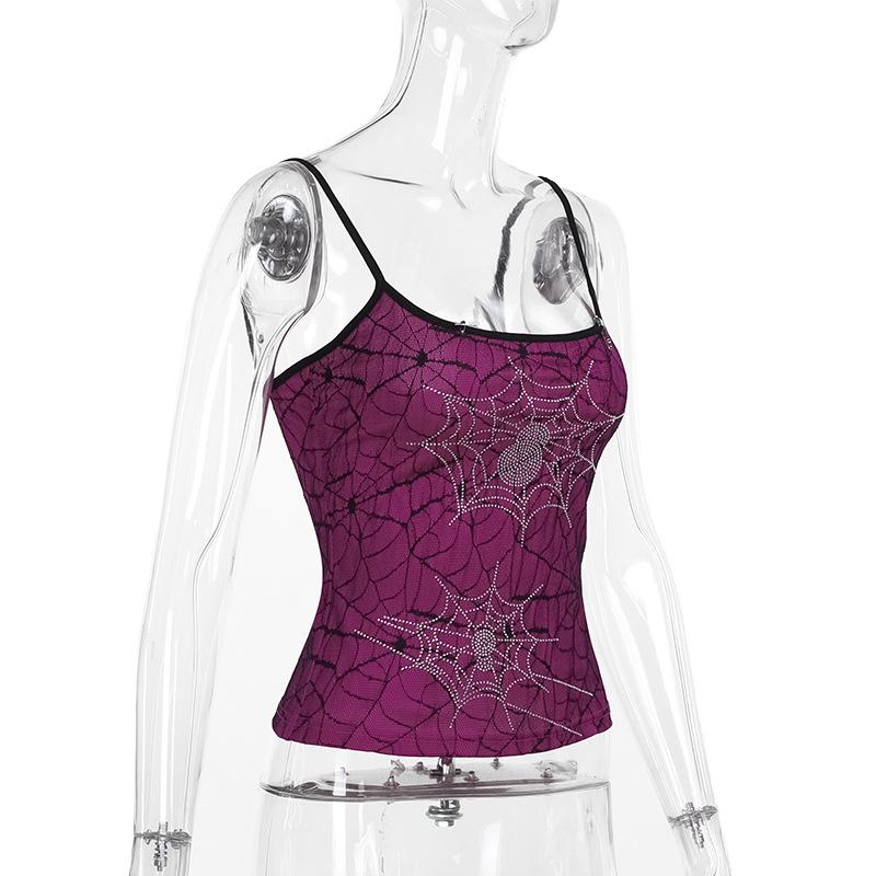 Cobweb pattern beaded backless cami top