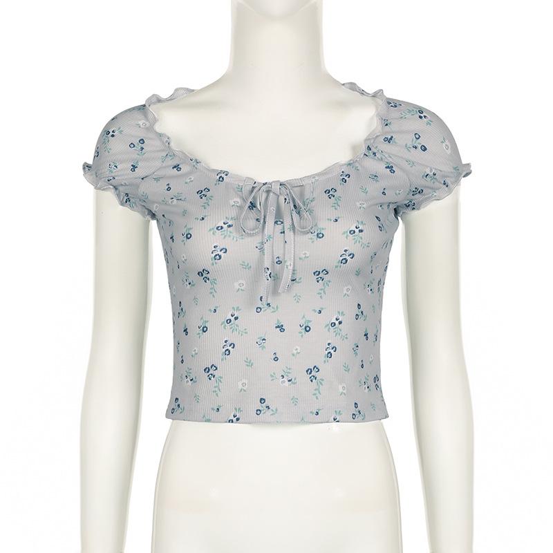 Short sleeve knotted ruffle ribbed print top