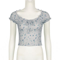 Short sleeve knotted ruffle ribbed print top