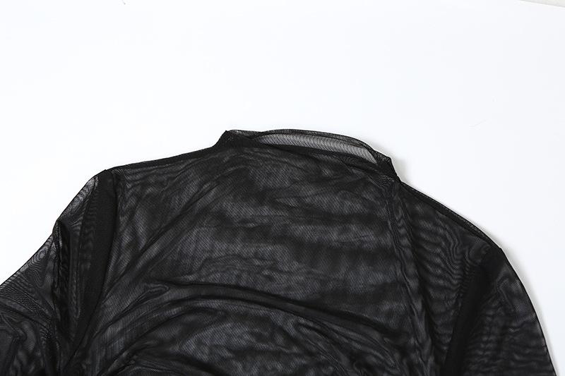 Long sleeve mesh see through ruched maxi dress