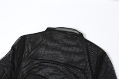 Long sleeve mesh see through ruched maxi dress