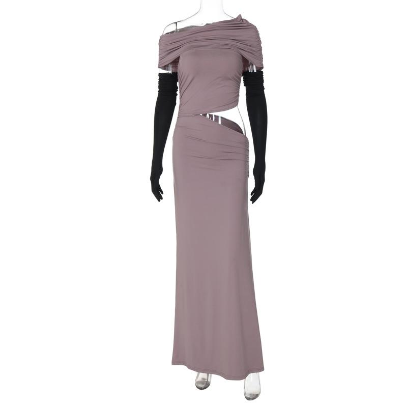 One shoulder gloves ruched hollow out maxi dress