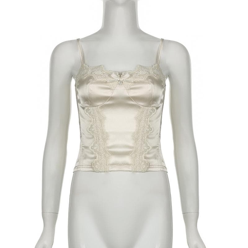 Satin lace hem stitch bustier bowknot solid cami top