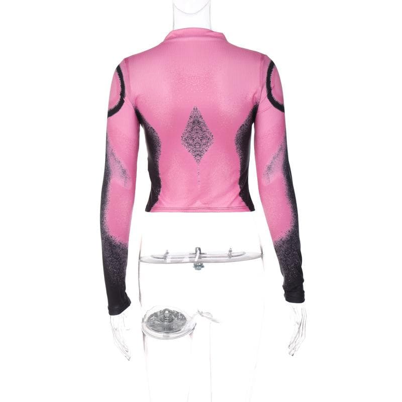 Long sleeve contrast high neck body print crop top