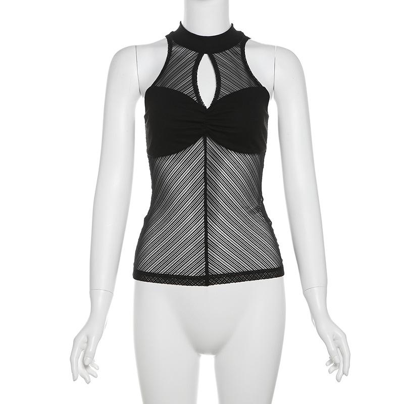 High neck ruched hollow out mesh zip-up tank top