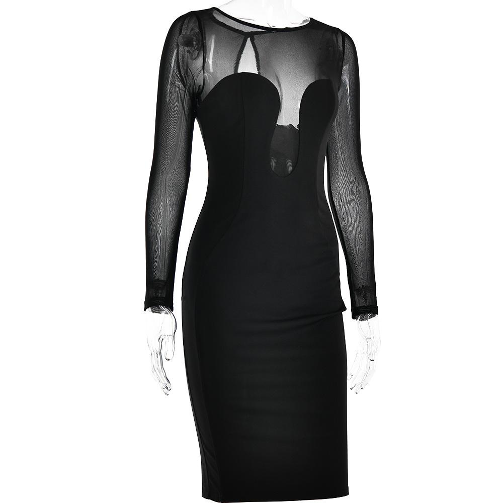 Long sleeve mesh patchwork button midi dress  | red tango dress
