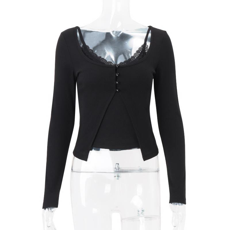 U neck long sleeve lace hem 2 piece cami top