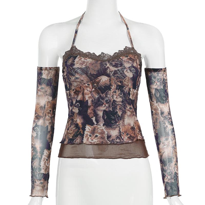 Halter gloves cat print lace hem top