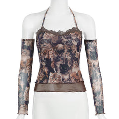 Halter gloves cat print lace hem top