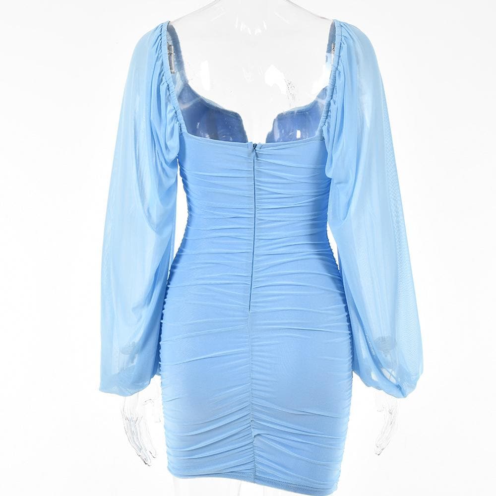 Mesh solid long sleeve ruched notch neck zip-up mini dress  | red tango dress