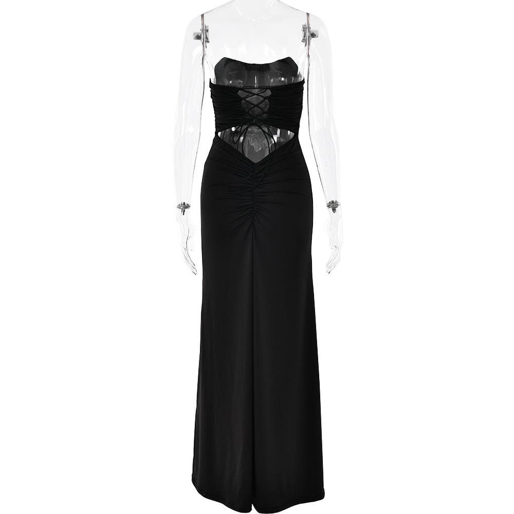 Ruched lace up backless hollow out tube cut out maxi dress
