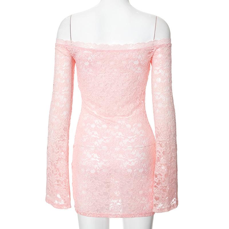 Long flared sleeve off shoulder lace see through mini dress  | red tango dress