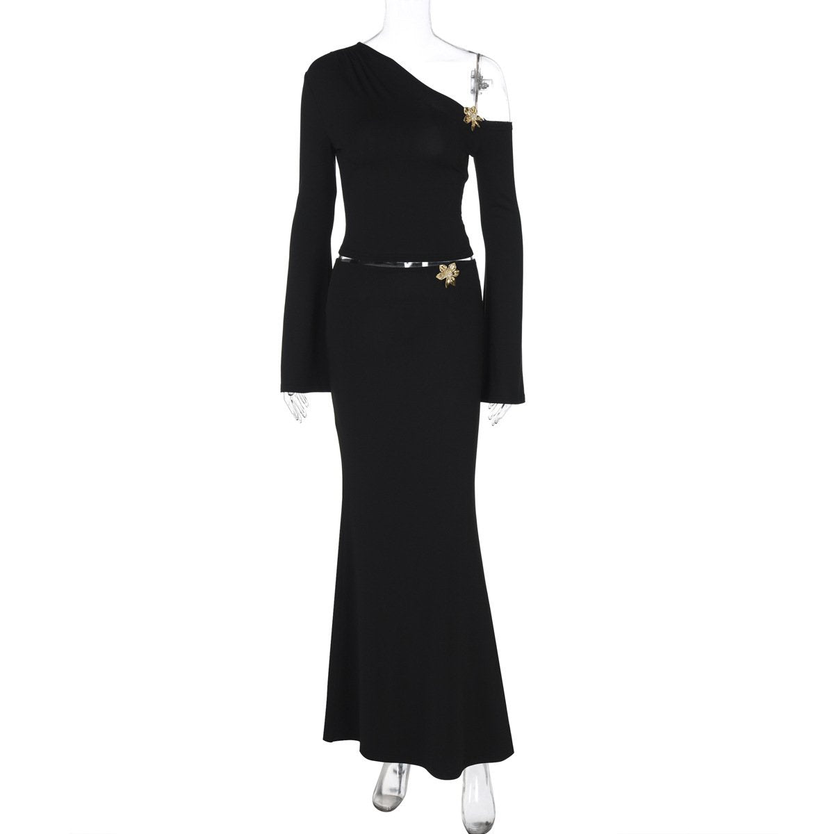 One shoulder long sleeve flower applique maxi skirt set