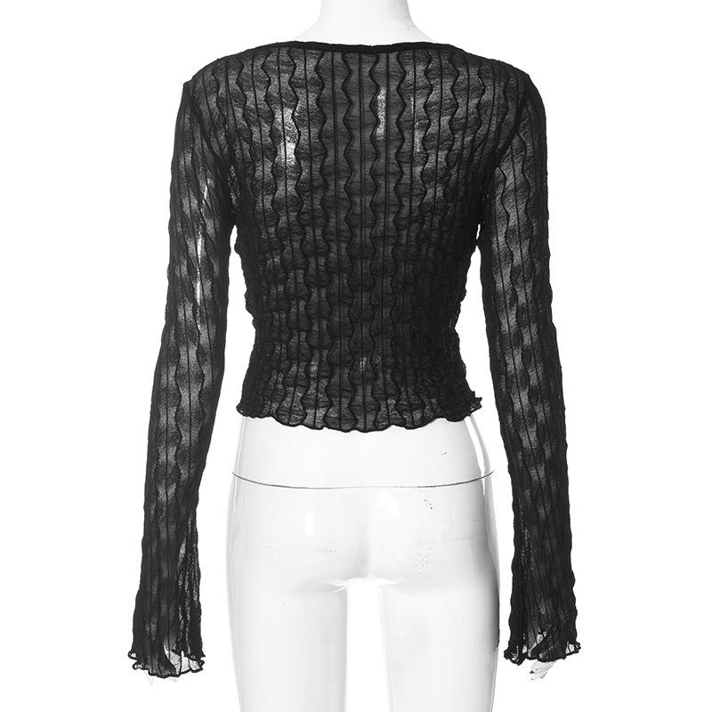 Self tie see through long flared sleeve textured crop top