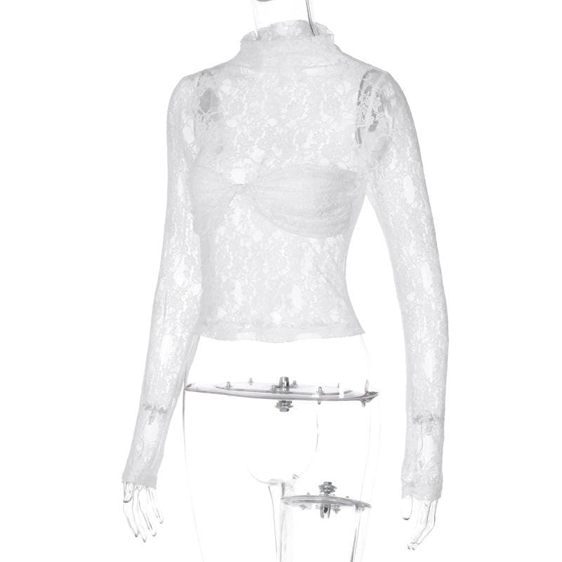 Long sleeve high neck lace see through ruched top