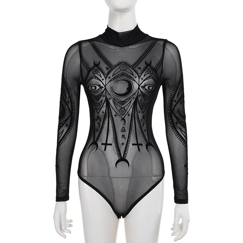 Long sleeve high neck sheer mesh eye print bodysuit