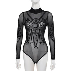 Long sleeve high neck sheer mesh eye print bodysuit