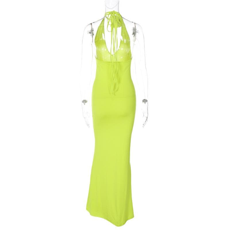 Solid v neck halter backless flower applique self tie maxi dress  | red tango dress