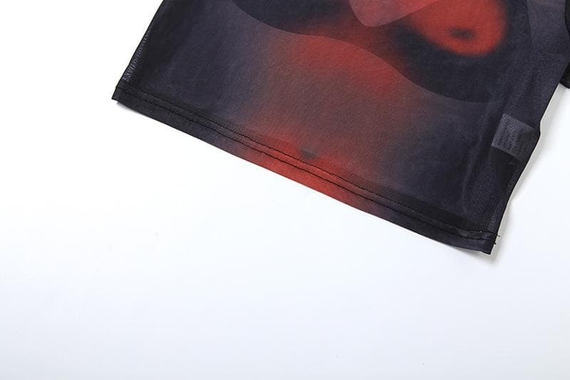 Short sleeve body print sheer mesh crop top