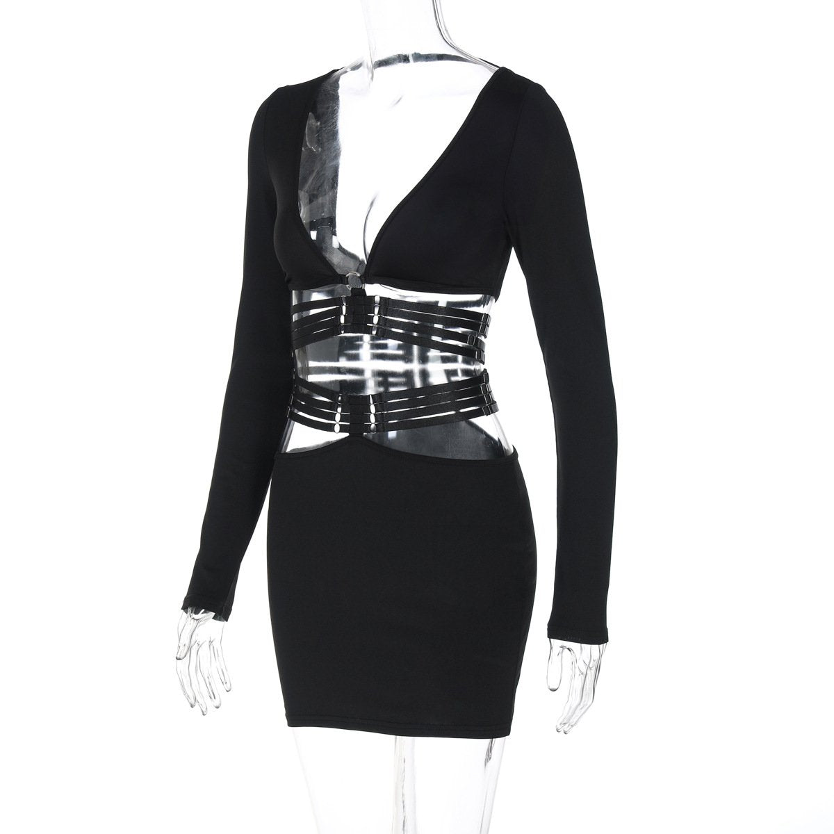 Long sleeve v neck adjustable o ring mini skirt set