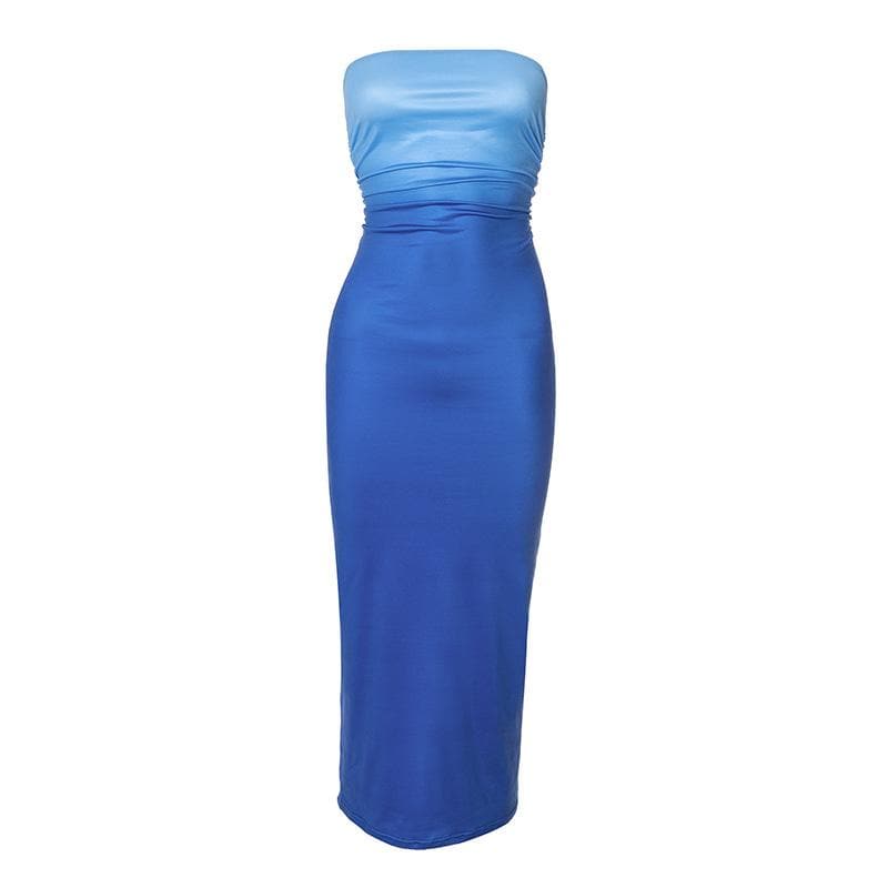 Ruched gradient backless tube maxi dress