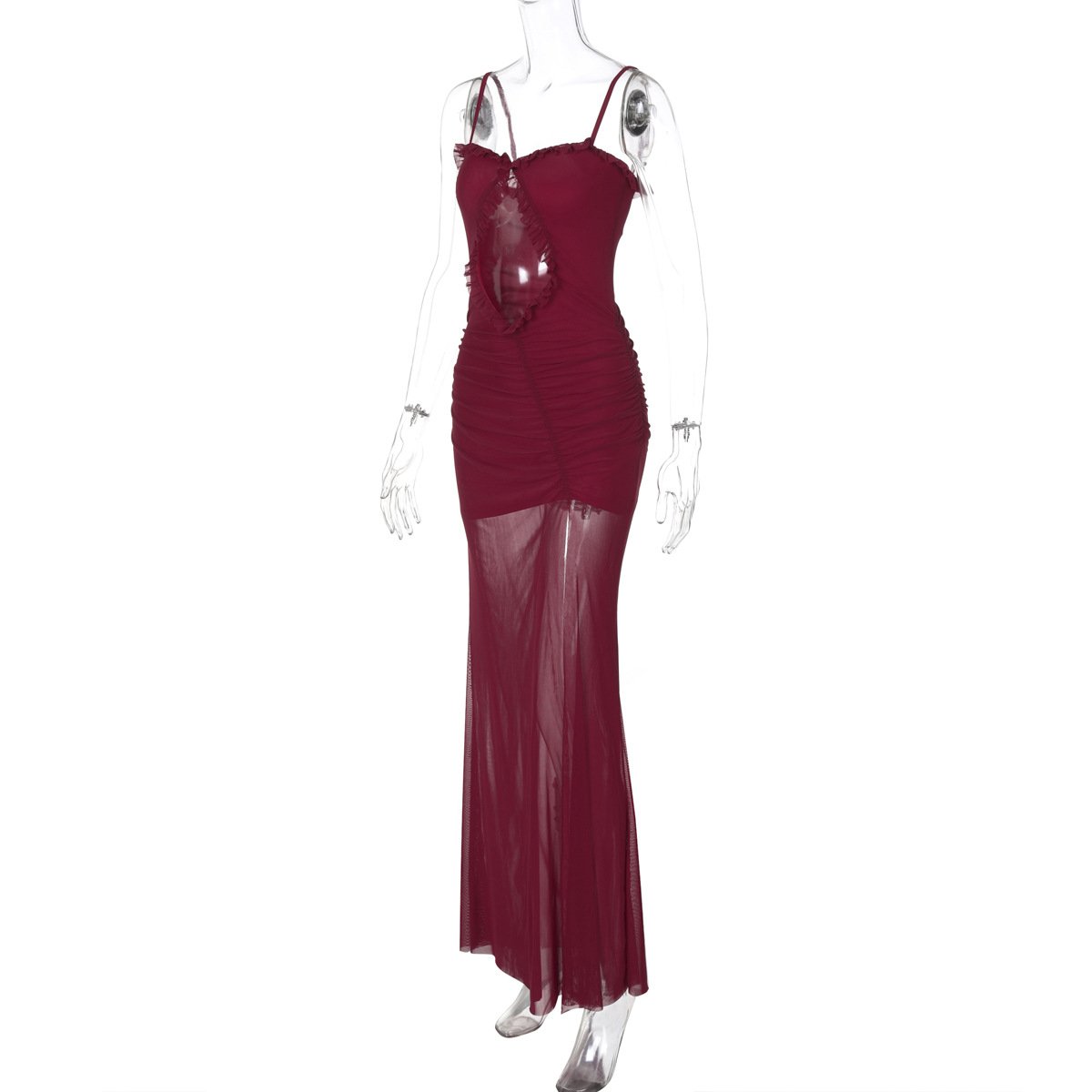 Hollow out mesh ruffle ruched cami maxi dress