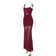 Hollow out mesh ruffle ruched cami maxi dress