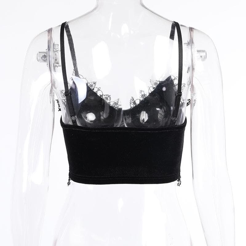 Velvet eyelash lace hem cross applique V neck crop top