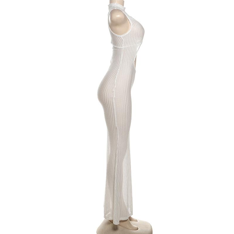 Hollow out see through one shoulder crewneck maxi dress