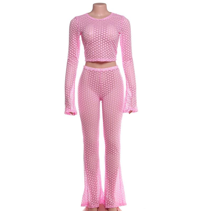 Long flared sleeve hollow out see through crop pant set